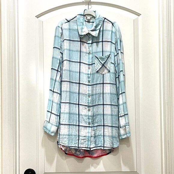 Tribal Jeans Button Blouse Top Small Plaid Front Floral Back - Picture 2 of 6